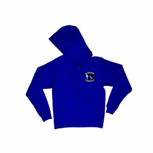 Blue hoodie with a small logo on the chest.