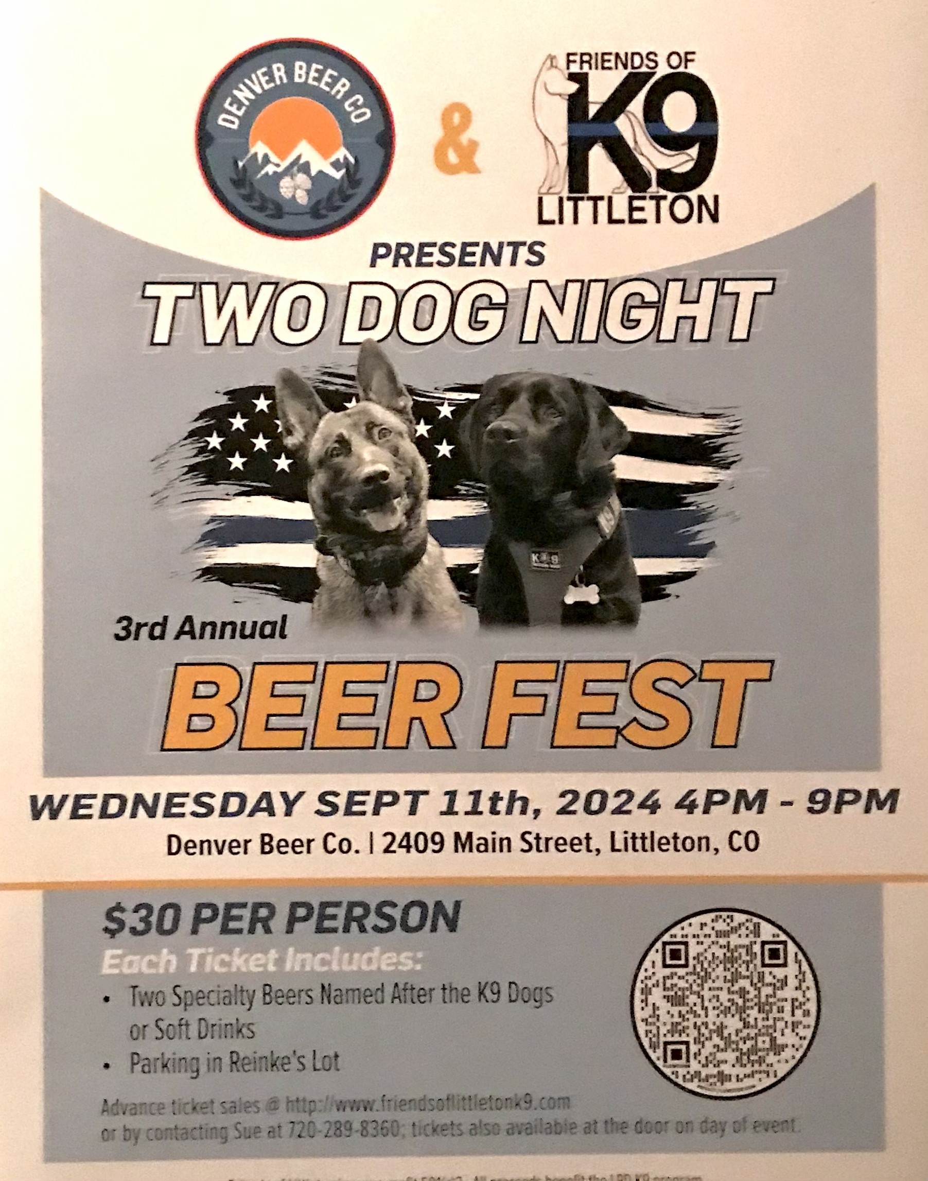 Poster for Two Dog Night Beer Fest event with dogs and beer details.