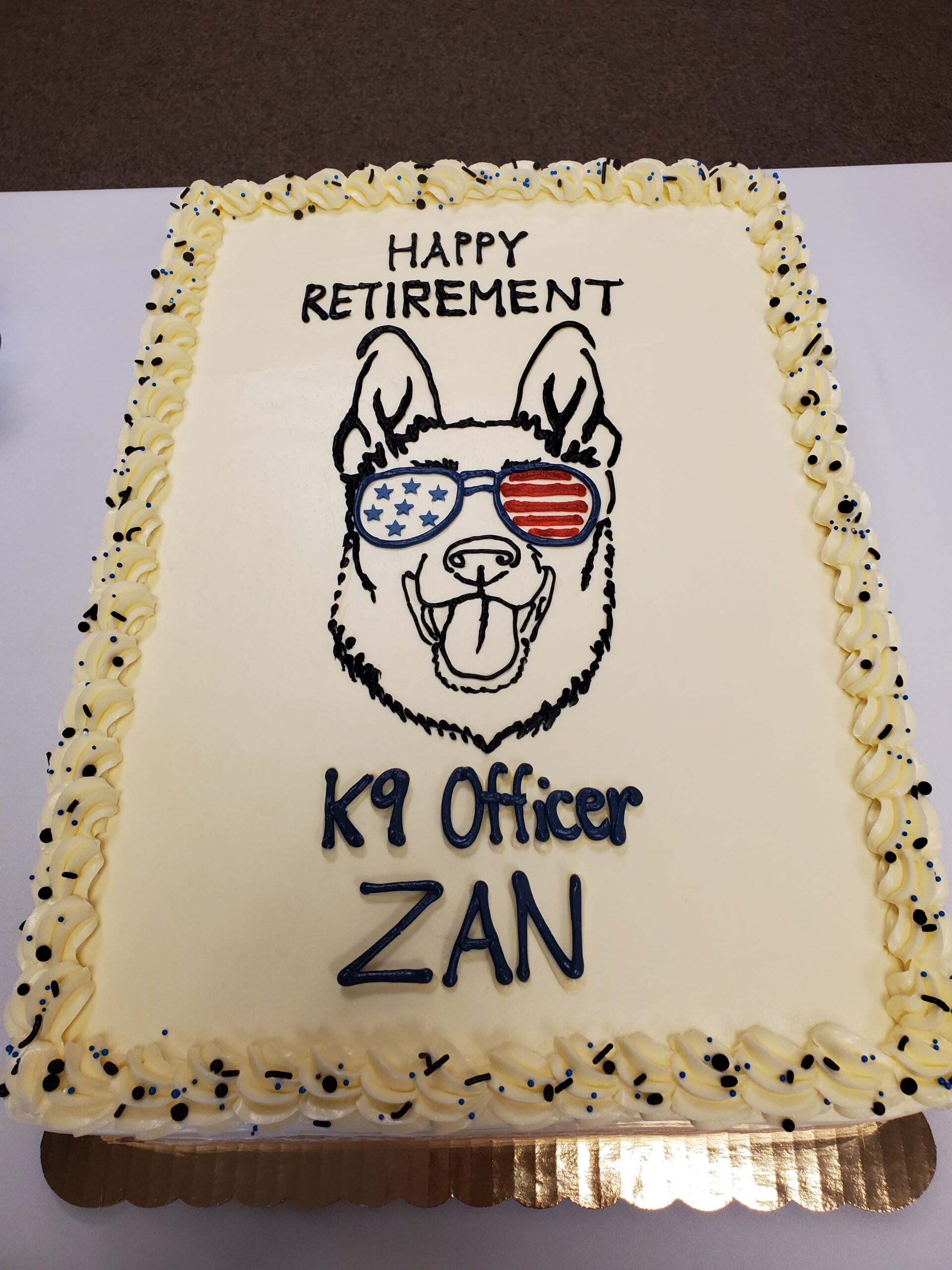 Retirement cake for K9 Officer Zan with a cartoon dog and 3D glasses.