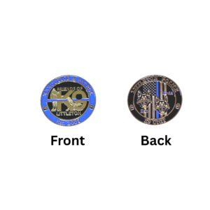Front and back views of a 50th anniversary commemorative coin with blue and gold accents.