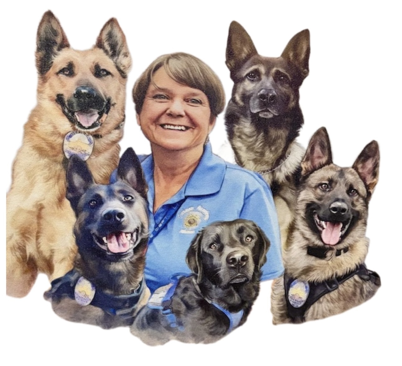 A smiling woman surrounded by six German Shepherd dogs in a digital illustration.