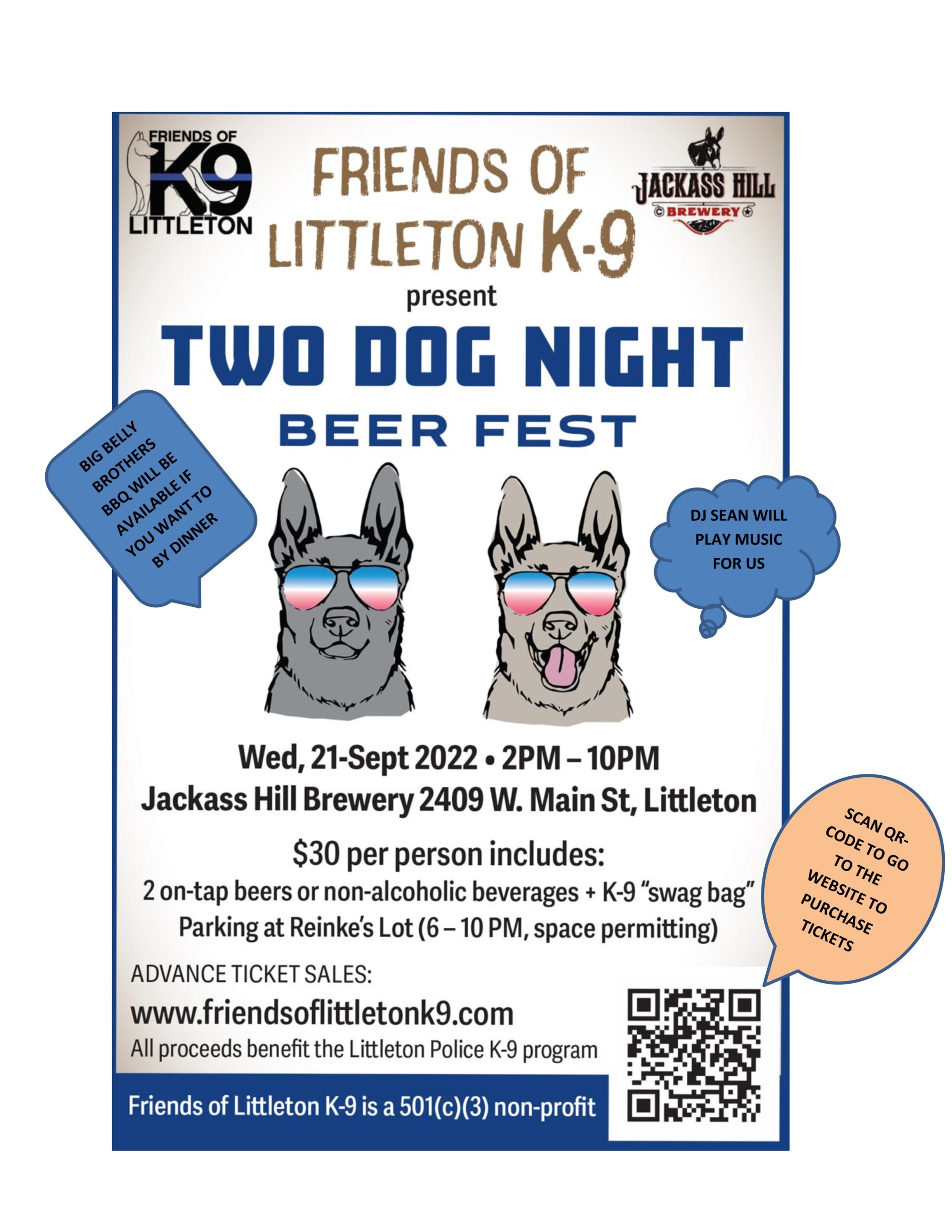 Event flyer for Two Dog Night Beer Fest with dog illustrations and event details.