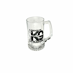 Clear glass beer mug with "A FRESH ON 79 KETTLETON" printed on it.