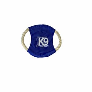 Blue K9 Tugger dog toy with rope handles.