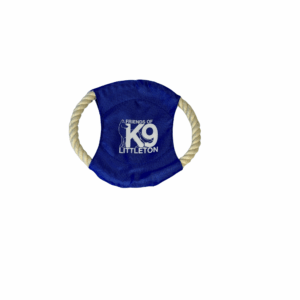 Blue K9 Tugger dog toy with rope handles.
