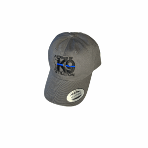 Gray baseball cap with a blue and black embroidered logo on the front.