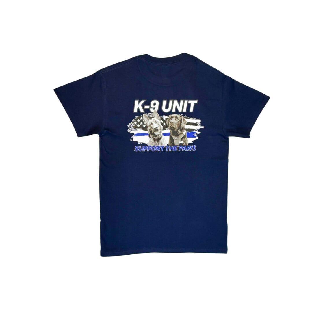 Navy blue K-9 Unit T-shirt featuring a police dog and badge graphic.