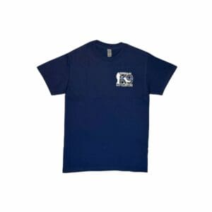 Navy blue T-shirt with a small white and blue graphic on the chest.