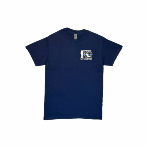 Navy blue T-shirt with a small white and blue graphic on the chest.