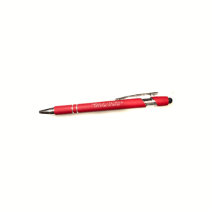 Red retractable ballpoint pen with silver clip and grip.